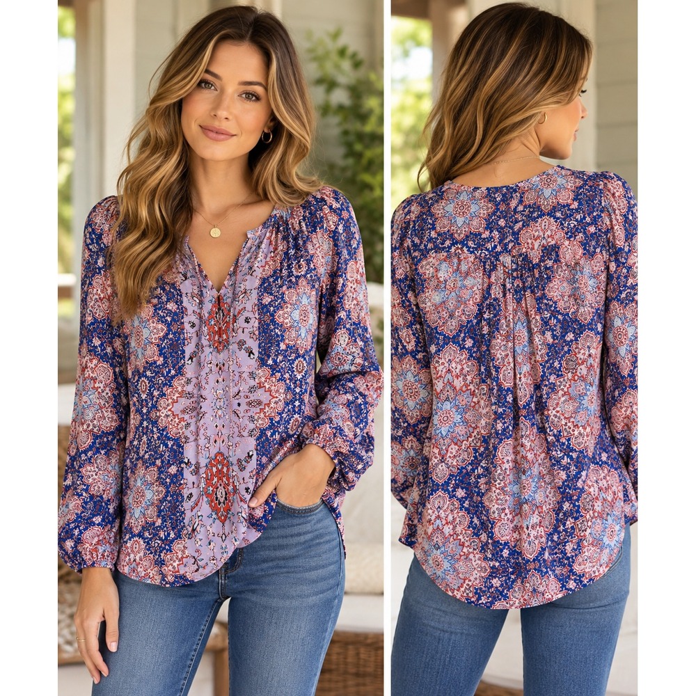 Lucky Brand Women's M Boho Peasant Blouse Blue Floral Medallion Rayon Top